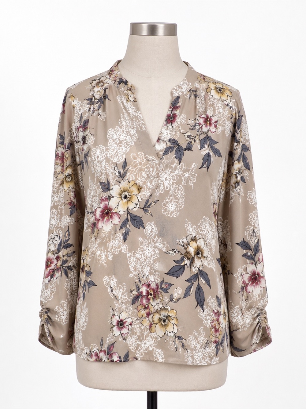Women's Taupe Floral V-Neck Ruffle Blouse